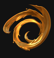 Liquid metal golden splashes swirl isolated on black. Metallic paint splashes. Fashion background. Artistic clip art element. 3d render