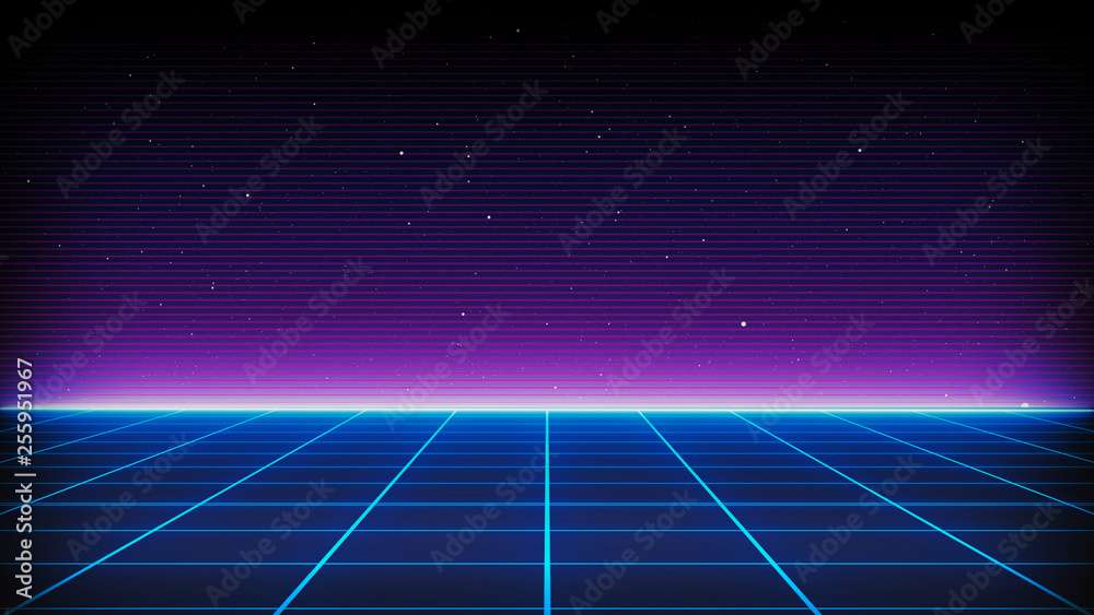Fototapete Retro Sci-Fi Background Futuristic landscape of the 80s. Digital Cyber Surface. Suitable for design in the style of the 1980`s