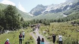 Aerial shooting from flying drone hiking group walking on mountain trail. Tourist group traveling in mountain valley. Hiking tour in mountain. Traveling group walking on mountain trail aerial view