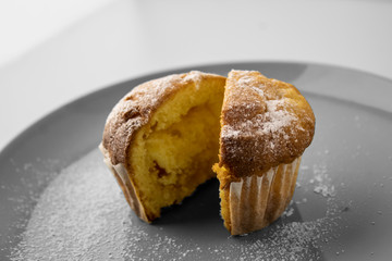 Fresh lemon cake in powdered sugar.