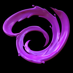 Abstract liquid swirl, colorful purple splash, paint splashing, fashion background. Artistic clip art element isolated on black.  3d render