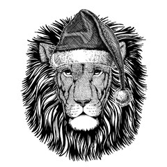 Obraz premium Lion wearing christmas Santa Claus hat. Hand drawn image for tattoo, emblem, badge, logo, patch