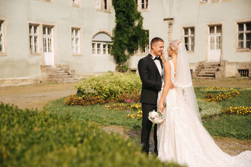 Fototapeta premium Stylish wedding couple in the park by the castle. Gorgeous bride with her handsome husband