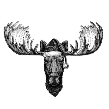 Moose, elk wearing christmas Santa Claus hat. Hand drawn image for tattoo, emblem, badge, logo, patch