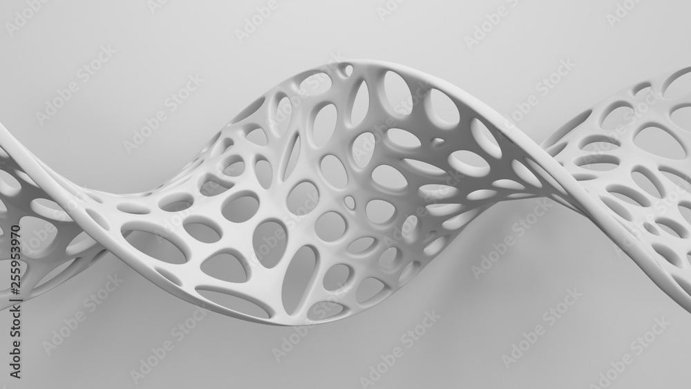 Poster 3d render with cell structure is twisted in front of the flat plane. twisted geometry with holes. сe