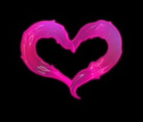 Pink glowing paint splashes in shape of heart, isolated on black. Pink glowing heart. 3d render