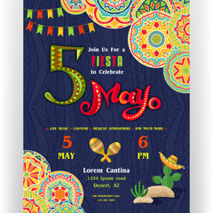 Fifth Mayo fiesta announcing poster template with ornate letters, maracas and cactus in sombrero. - 255954702
