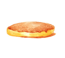 Watercolor one isolated single one pancake, sponge pie, biscuit, cheesecake without top on a white background for the menu, food illustration