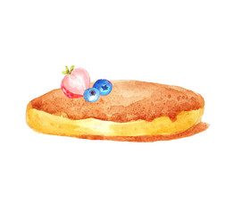 Watercolor one isolated single one pancake, sponge pie, biscuit, cheesecake with strawberries and two blueberries upstairs on a white background for the menu, food illustration