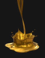 Liquid metal golden splashes pouring isolated on black. Metallic paint splash in shape of crown. Golden crown. Artistic clip art element. 3d render