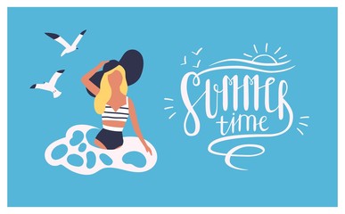 Postcard template with woman wearing swimsuit swimming in sea or ocean and Summer time lettering handwritten with cursive calligraphic font. Colorful seasonal vector illustration in flat style.