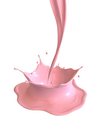 Pink splashes with pouring, drops, blots isolated on white. 3d render