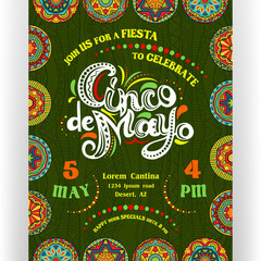 Cinco De Mayo announcing poster template with ornate lettering and bright Mexican style ornamented border. - 255956539