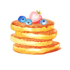 Watercolor yellow pancakes no filling on top, isolated in white background. Can be used for menu, template, cards, invitations