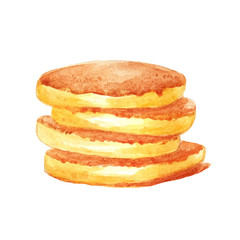 Watercolor yellow pancakes no filling on top, isolated in white background. Can be used for menu, template, cards, invitations