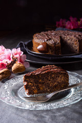 juicy poppy seed cake with apples and chocolate glaze