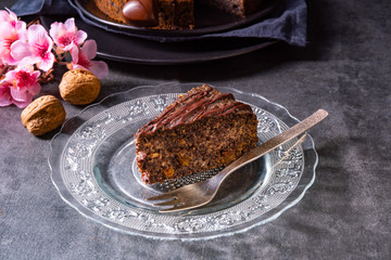 juicy poppy seed cake with apples and chocolate glaze