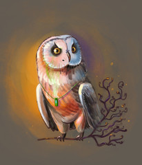 magic wise owl on a tree branch, night animal, full color illustration for fairy tales