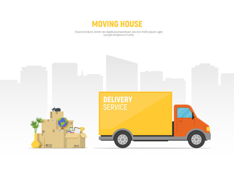 Concept moving house. Pile cardboard boxes with truck on cityscape background. Relocate to new home or office. Vector illustration in flat style.