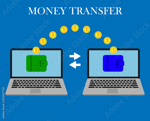 Money Transfer Two Laptops With Wallets On Screen And - 