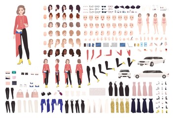 Elegant woman animation kit or DIY set. Collection of body parts, gestures, stylish clothes and accessories. Female celebrity in evening outfit. Front, side, back views. Flat vector illustration.