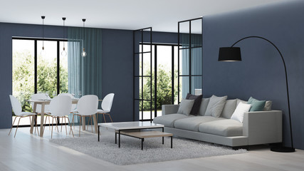 Modern house interior. Kitchen behind glass partitions. 3D rendering.