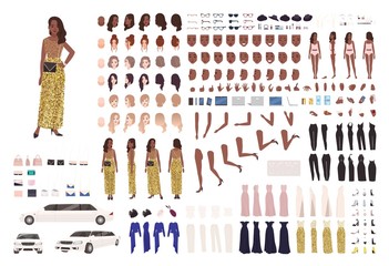 African American woman in evening dress constructor kit or character generator. Set of body parts, elegant clothes and accessories. Female celebrity. Front, side, back views. Flat vector illustration.