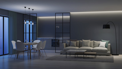 Modern house interior. Kitchen behind glass partitions. Night. Evening lighting. 3D rendering.