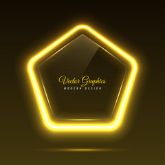 Pentagonal glass banner. Transparent billboard with neon lights. Vector illustration.