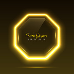 Octagonal glass banner. Transparent billboard with neon lights. Vector illustration.