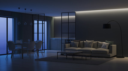 Modern house interior. Kitchen behind glass partitions. Night. Evening lighting. 3D rendering.