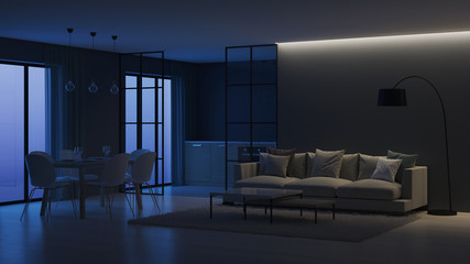 Modern house interior. Kitchen behind glass partitions. Night. Evening lighting. 3D rendering.