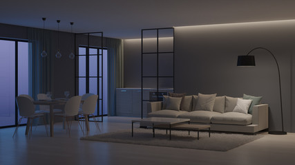 Modern house interior. Kitchen behind glass partitions. Night. Evening lighting. 3D rendering.