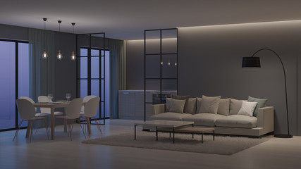 Modern house interior. Kitchen behind glass partitions. Night. Evening lighting. 3D rendering.