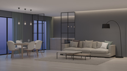 Modern house interior. Kitchen behind glass partitions. Night. Evening lighting. 3D rendering.
