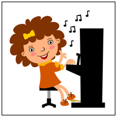 Funny girl in cartoon style playing piano isolated on white background.