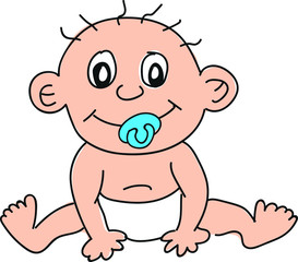 Cartoon drawing of cute smiling baby sitting with pacifier in mouth and diaper isolated on white - vector illustration