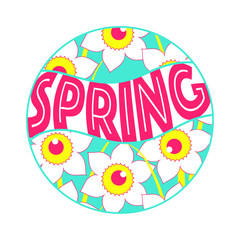 spring circle ornament with daffodil flowers in pink blue