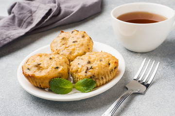 Oatmeal vegetarian muffins with blueberries and nuts on a plate. Concept healthy Breakfast.