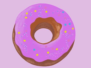 raster illustration of glazed donut on a lilac background, isolated