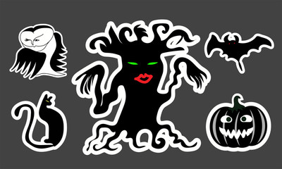 Halloween Party Sticker Pack: black cat,  strange owl, wild tree, flying bat, crazy pumpkin. Vector illustration