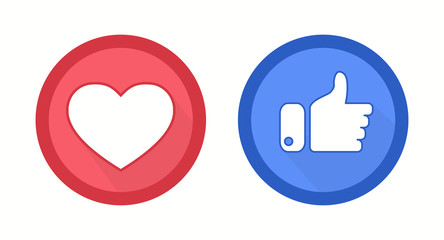 Heart and thumbs up flat style logos with shadows isolated on a white. Vector illustration