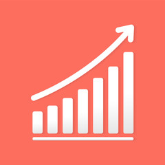 Success business symbol.Growth vector diagram with arrow going up. White  vector icon isolated on living coral background. Editable EPS file.Bar Chart Vector Icon.Vector illustration