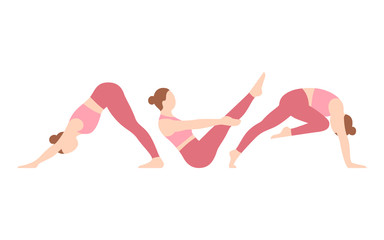 Three yoga position in style of flat vector illustration. Pink clothes on woman. Trendy fashion image. Yoga pos and asana. Isolated on white background.