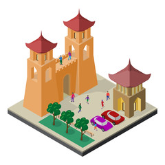 Fototapeta premium Cityscape in isometric view. Fortress wall, benches, trees, parking, cars and people.