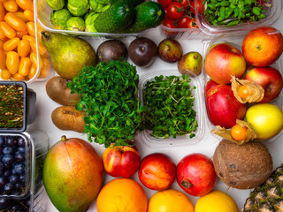 fresh vegetables and fruits for fitness dinner on white background top view mockup