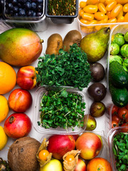 fresh vegetables and fruits for fitness dinner on white background top view mockup