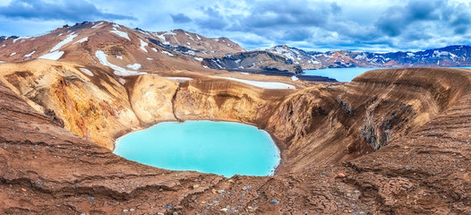Amazing nature landscape, Viti crater geothermal lake and Oskjuvatn lake in Askja caldera,...