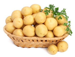 Potatoes in basket on white background