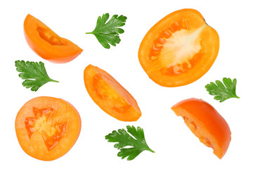 Yellow tomato sliced isolated on white, top view, cut out